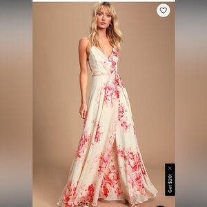 NWT lulus Elegantly Inclined Cream and Coral Floral Print Wrap Maxi Dress